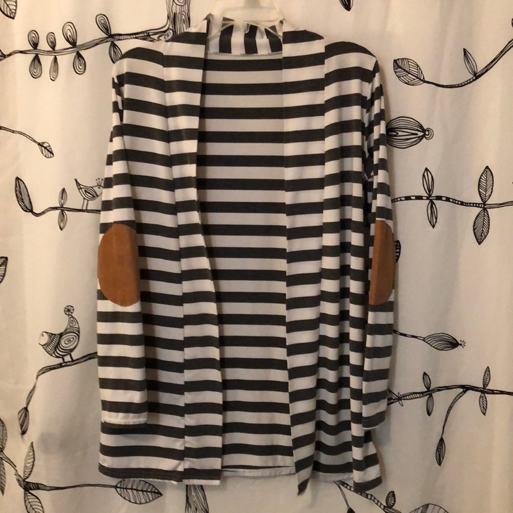 Gray/White Striped Open Cardigan w Elbow Patches